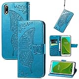 SATURCASE Hülle für Wiko Jerry 4 / Wiko Y70, Schmetterling Blume PU Lederhülle Magnetverschluss Brieftasche Standfunktion Handschlaufe Handy Tasche Schutzhülle für Wiko Jerry 4 / Wiko Y70 (HF-Blau)