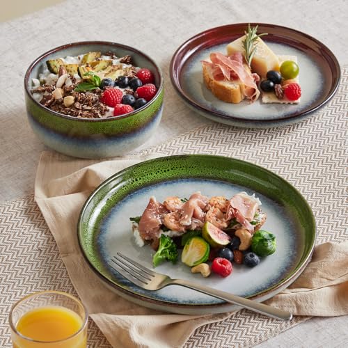 Image of KINGSTONE Stoneware Dinnerware Sets for 6, 18-Piece Reactive Glaze Plates and Bowls Sets, Scratch-Resistant Rustic Ceramic Dish Set for Daily Party Gifts, Microwave Dishwasher Safe, Kiln-Fired Green