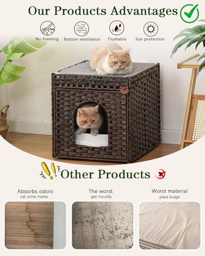 Image of SETVSON Cat Litter Box Enclosure, PE Rattan Hidden Kitty House, Brown | PE Rattan Kitty House, Reversible Double-Sided Pad, Litter Mat, 2 S-Hooks, Iron Frame, 18.5x20.5x19.1 In Cat Cabinet