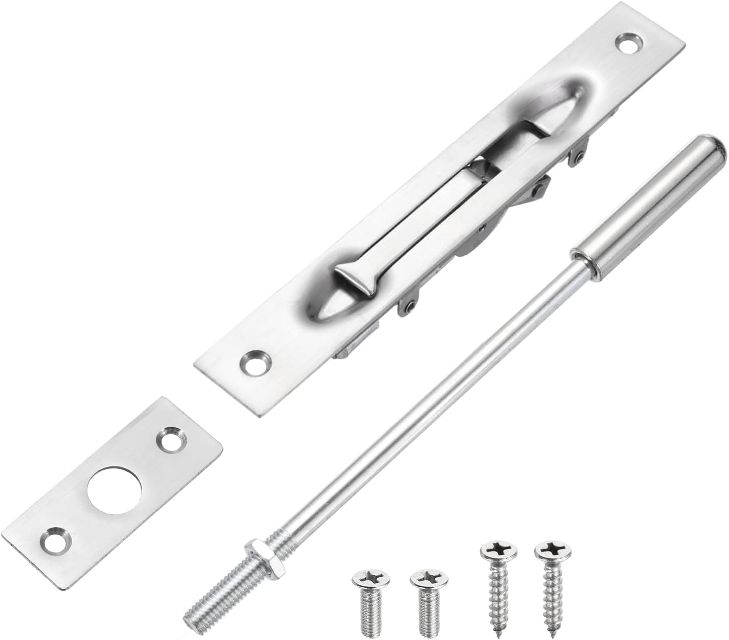 sourcing map 1 Pack Extension Flush Bolt with Rod, 8 Inch Stainless Steel Door Flush Bolt Latch Concealed Security Door Lock for Double French Doors, Composite, Wood Doors, Silver