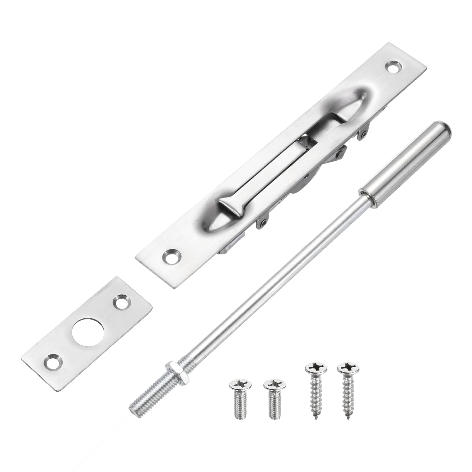 sourcing map 1 Pack Extension Flush Bolt with Rod, 8 Inch Stainless Steel Door Flush Bolt Latch Concealed Security Door Lock for Double French Doors, Composite, Wood Doors, Silver