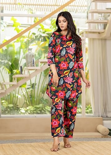 Image of Pistaa's Women Pure Cotton Floral Printed Straight Rounded Hem Co-ord Set