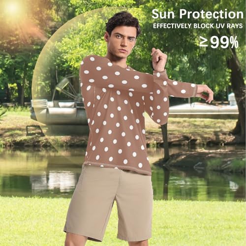 Polka Dots Brown Mid Century Modern Men's Rash Guard Classic Crew Neck Long Sleeve Sun Shirt for Men Long Sleeve Hiking4