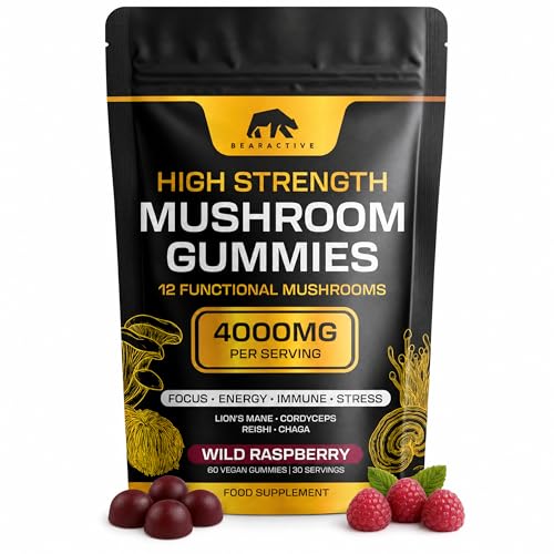 Bearactive Mushroom Gummies 4000mg 12 Functional Mushroom Complex with Lions Mane Cordyceps Reishi Chaga Maitake & Shiitake Wild Raspberry Flavour Vegan Food Supplement 60 Gummies