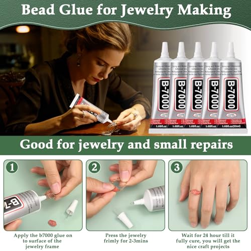 Image of B7000 Glue Clear with Precision Tip for Rhinestones, 5Pcs 50mL /1.68 fl oz | Strong Adhesive Jewelry Bead Gem Glue, Quick Dry Bedazzling Glue for Jewelry Making Repair Fabric Clothes Shoes DIY Crafts
