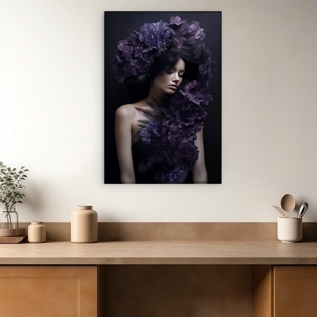 Canvas for Living Room. Enchanted Elegance: The Dreamy Allure of a Floral Fairy in Midnight Attire, 27 x 18 inch Canvas Wall Art - Contemporary Masterpieces - Botanical Home Decor