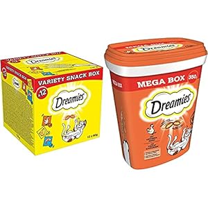 Dreamies Katzensnacks mit verschiedenen Geschmacksrichtungen – Huhn, Käse & Lachs , 12 x 60g & Mix Katzensnacks mit Huhn-Geschmack – Außen knusprig & innen cremig – 2 x 350g