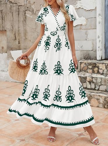 Image of PRETTYGARDEN Womens 2026 Summer Casual V Neck Boho Maxi Dress Flowy Aline Bell Sleeve Tiered Floral Dresses with Pocket