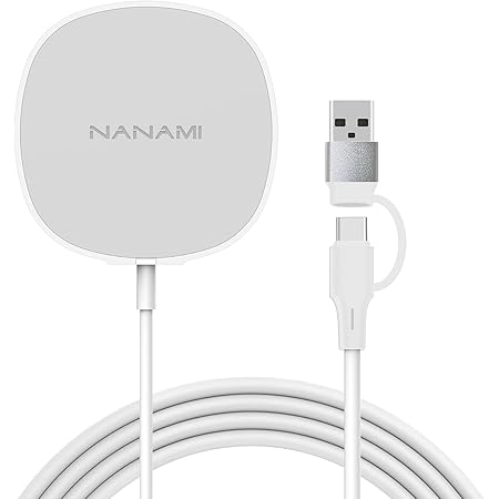 NANAMI MagSafe充電器 マグネット式 ワイヤレス充電器 最大10W出力- (USB Type-C to USB Type-A 変換アダプタ付き) 磁気固定 iPhone 14/14 Pro(Max)/14 Plus/13 (Pro/ProMax/Mini) 12(Pro/ProMax/Mini) AirPods Pro(第二世代)/Pro/第三世代 Magsafeケース対応 超薄型 1.5mケーブル 冷却穴あき くっつく充電 マグセーフ充電器 男性/女性 お誕生日プレゼント 父の日 ギフト ホワイト