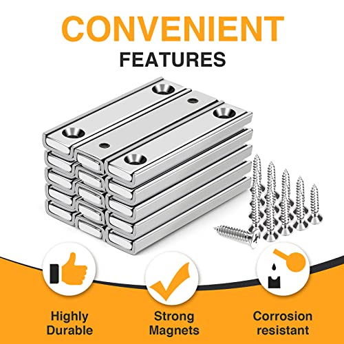Image of TRYMAG Bar Magnets, 80Lbs 15 Pack Countersunk Hole Magnet with Screw | Silver,Heavy Duty Rare Earth ,Neodymium,Rectangular,for Mounting, Door, Garage, Workplace(60 x 13.5 x 5mm )