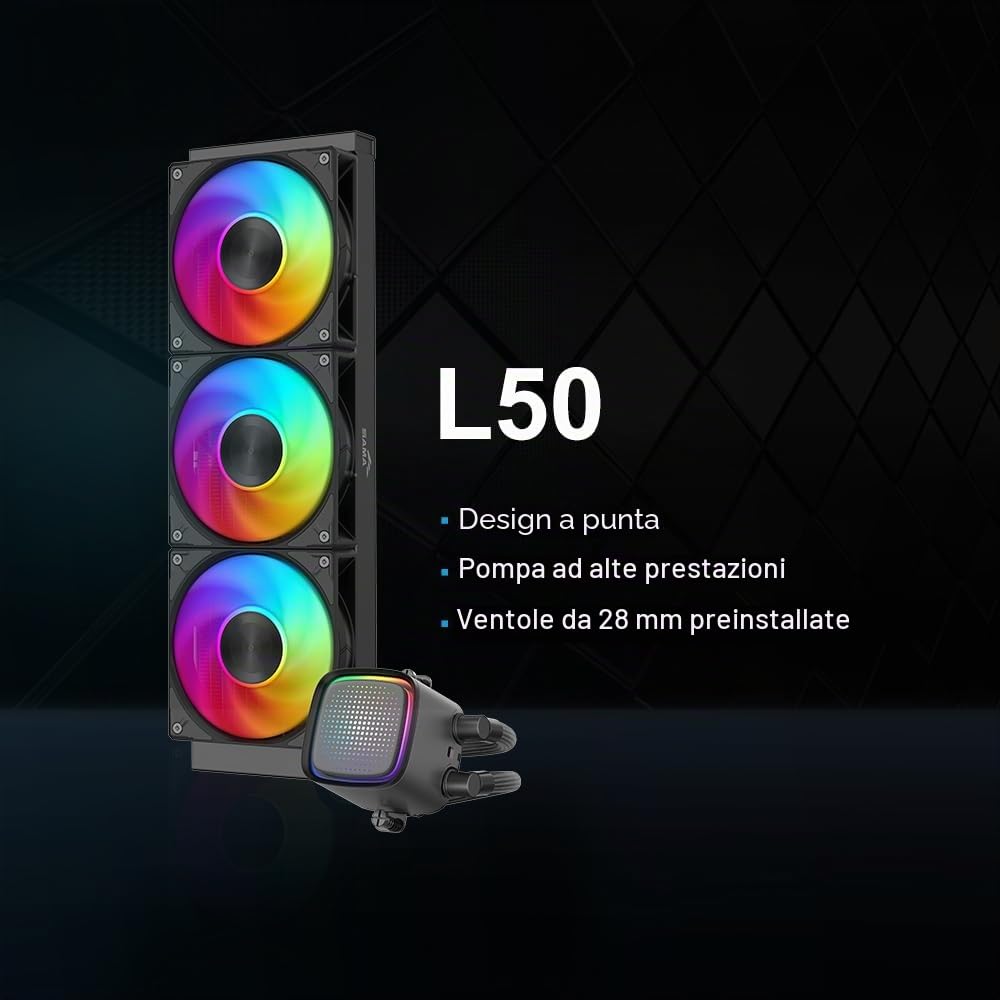 Dissip. Liquido SAMA L50 360mm ARGB, Specchio Infinito, Intel/AMD, Nero | Dissipatore a Liquido per CPU Silenzioso ad Alto Flusso, 3 Ventole PWM da 120mm