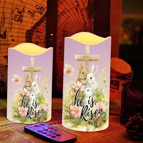 Image of Bunny and Cross Plastic Flameless Candles with Remote Control and Timer LED Flickering Battery Operated Color Changing Electric Pillar Candles Easter Decoration