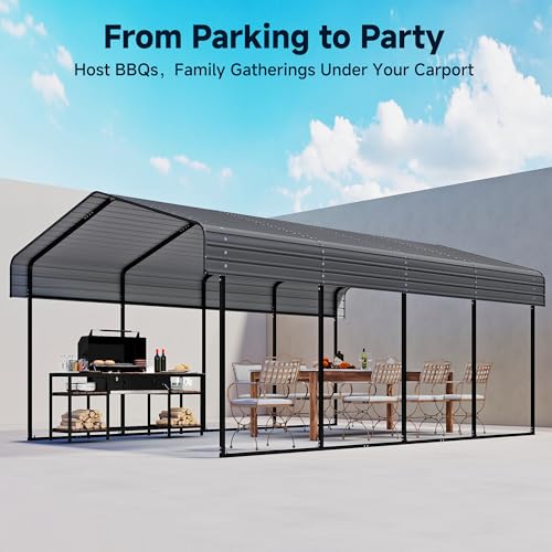 Image of Heavy Duty Metal Carport, 12x20FT Outdoor Carport Canopy with Galvanized Steel Roof and Reinforced Base,Removable Sidewalls & Door, Garage Shelter Shade for Cars,Trucks, Boats, Gray