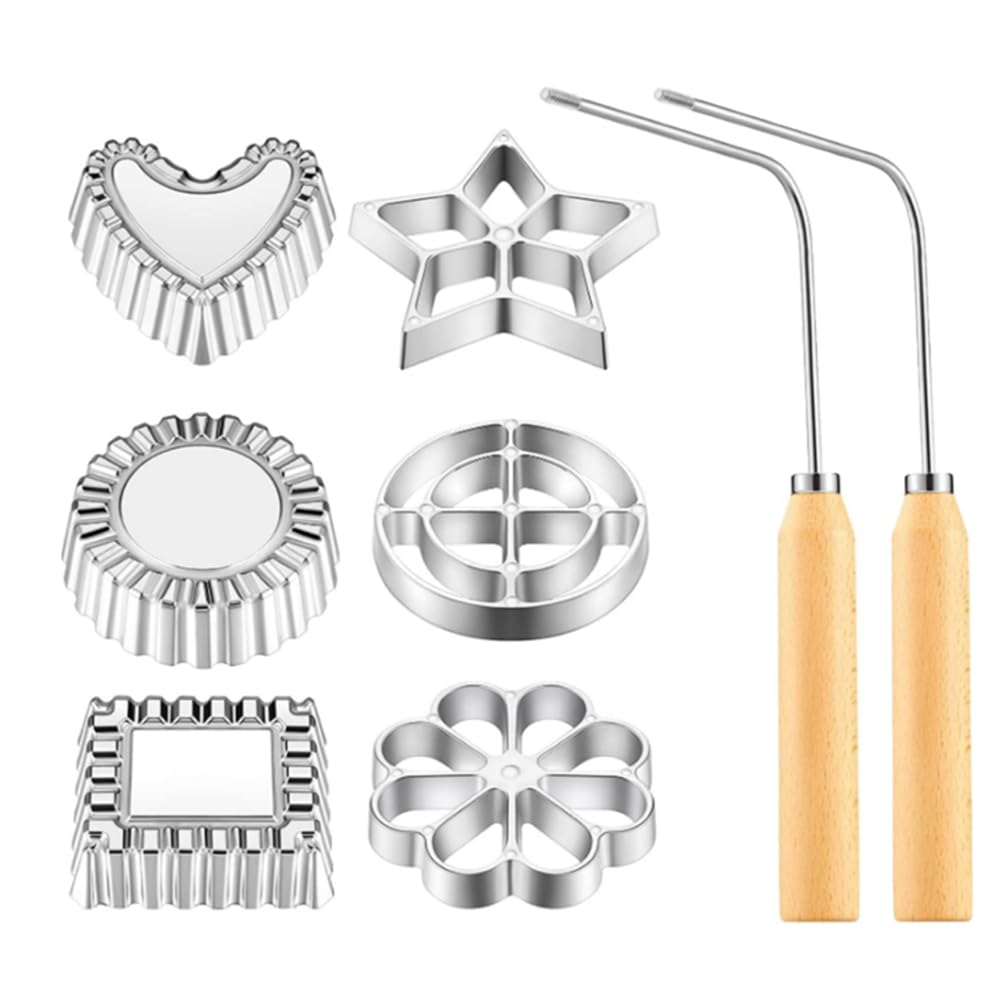 Wanjorlay 8Pcs Rosettes Timbale Set Rosette Iron Set with Handle, Flower Bunuelos Cookie Maker Mold, Funnel Cake Maker Set Kit