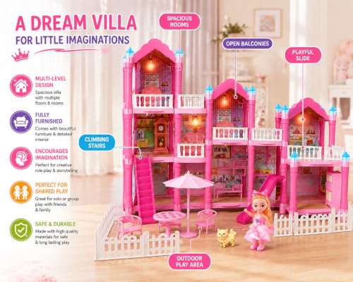 Image of 4-Floor Dollhouse Playset, 11 Rooms, 296 Pieces, Pink Villa