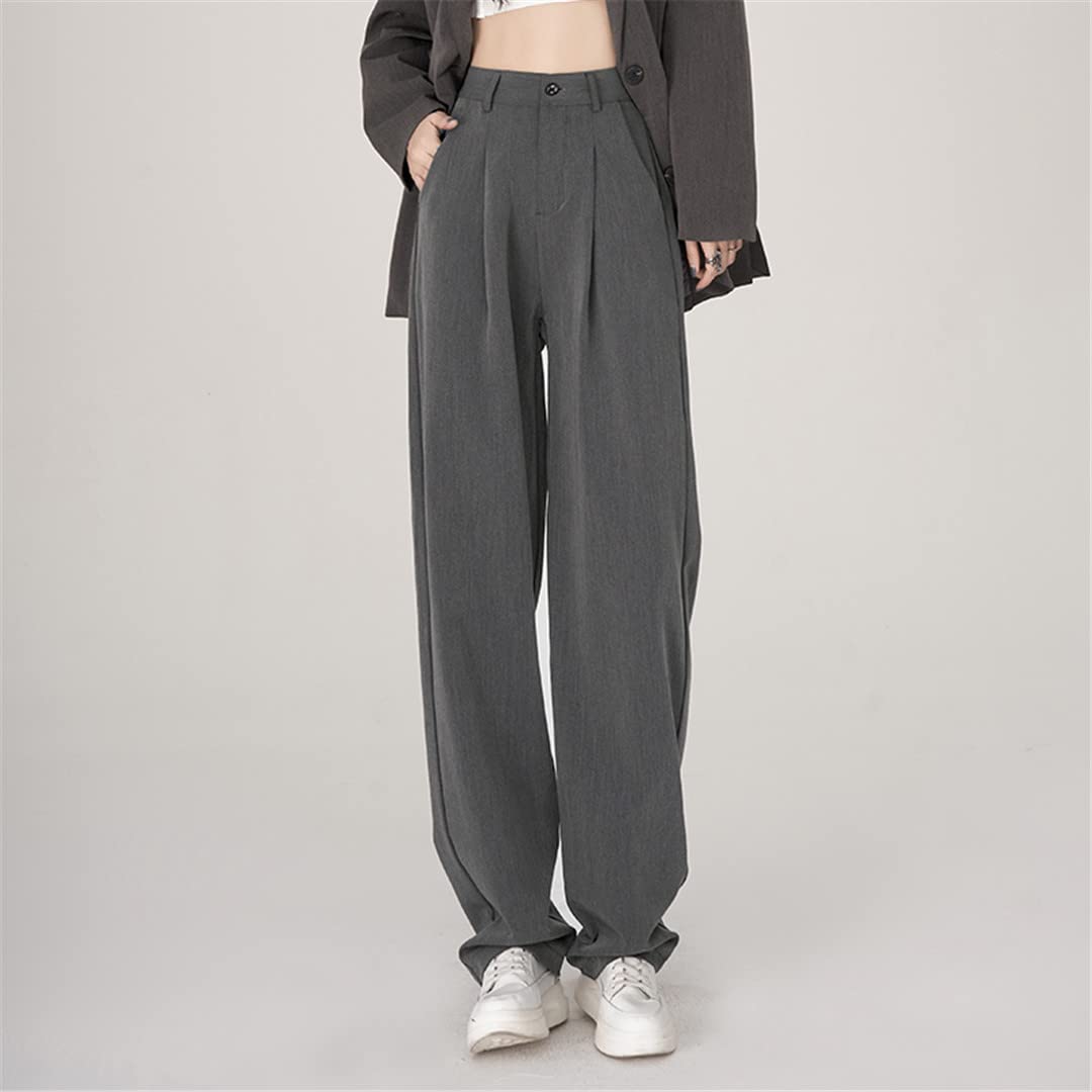 Pantaloni da donna Pantaloni a vita alta Pantaloni allentati Pantaloni larghi a tutta lunghezza ufficio Solido pieghettato, grigio, L