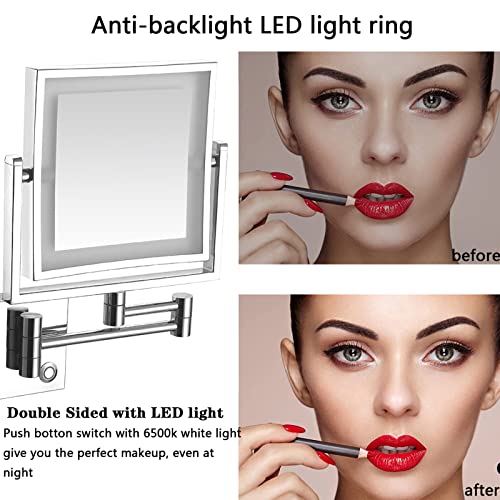 Espejo de maquillaje montado en la pared con aumento de 1x/3x, brazo extensible, giro de 360° y lámpara integrada para mujer