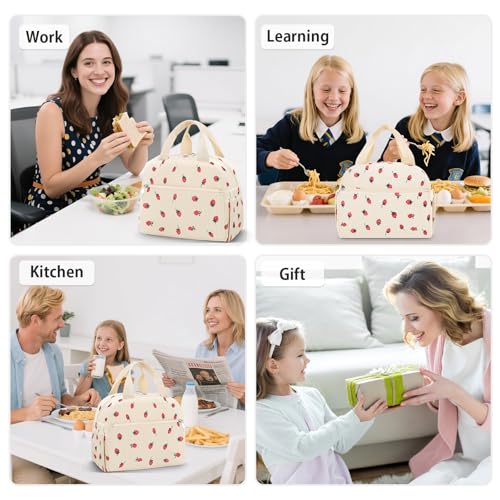KUBYA Lunch Bag Lunch Box for Women Adults Men, Cute Strawberry Corduroy Insulated Reusable Work Leakproof Simple Large Lunch Boxes Tote Bag Cooler Bag