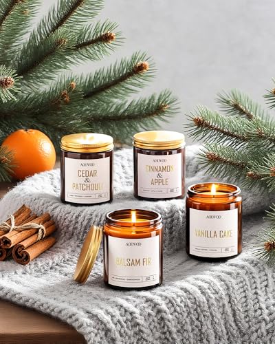 Image of AOOVOO Christmas Candle Set - 4PC Scented Candles, 28 oz Soy Candles, Soy Candle for Home Scented, Balsam Fir /Cedar&Patchouli /Cinnamon&Apple /Vanilla Cake
