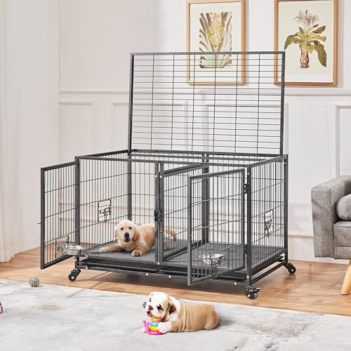 Image of Yaheetech 42.5 Inch Stackable Dog Crate with Divider for Small Medium Dogs | Heavy Duty Rolling Dog Cage with Open Top, 2 Removable Trays, Lockable Wheels, Flexible Layout For Multi-Pet Use