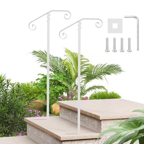 Handrails for Outdoor Steps Single Post Handrails for Outdoor Steps Wrought Iron Single Post Handrail, Ground Long Post Fits 1 or 2 Steps Grab Rail Single Post Railing (2pcs White) by ManyiHome - Used condition - US$112.85