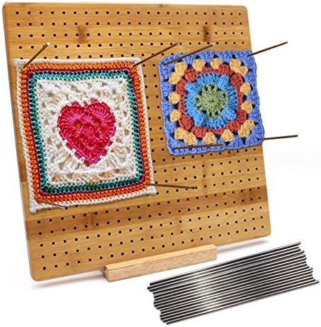Iswabard Crochet Blocking Board Handcrafted Knitting Blocking Mat for Knitting Crochet and Granny Squares, Full Kit with 15 Stainless Steel Rod Pins, Gifts for Mothers, Grandmothers, (Bamboo, 13")