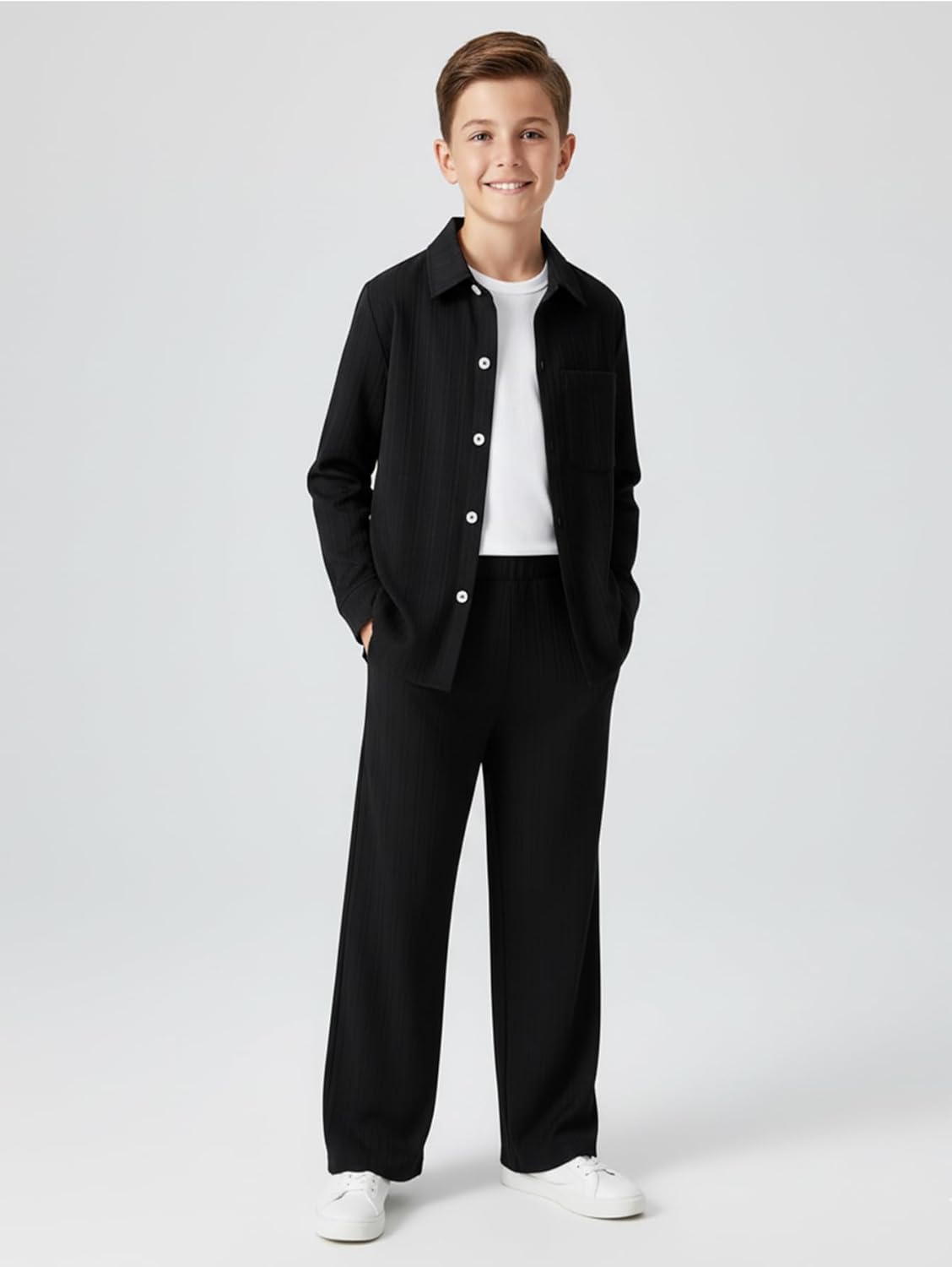 Boys 2 Piece Textured Long Sleeve Button Down Shirt Tops and Elastic Waisted Pants Set 4-14Y - Image 7
