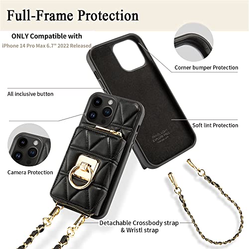 Custype Compatible With Iphone 14 Pro Max Case Wallet With Card Holder,360 Rotation Ring [Two-Way Stand],Leather Zipper Wallet Case With Crossbody Strap For Iphone 14 Pro Max,6.7 Inch,Black #TOP3