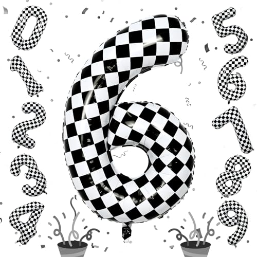 Image of Giant Number Balloons 6, Black and White Checkered Self Inflating 0-9 Set Number Balloon for Kids, 40 Inch Foil Helium Racing 6 Balloon for Boys 6th Birthday Party Race Car Flag Decorations Supplies
