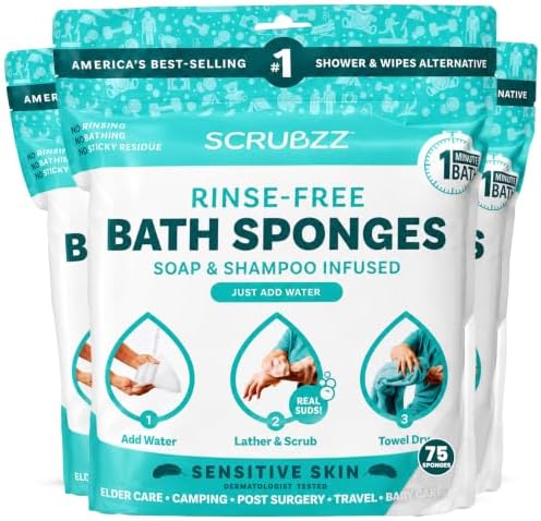 Scrubzz Disposable No Rinse Bathing Wipes for Sensitive Skin - All-in-1 Single Use Shower Wipes, Simply Dampen, Lather, and Dry Without Shampoo or Rinsing (Sensitive Skin, 3-Pack)