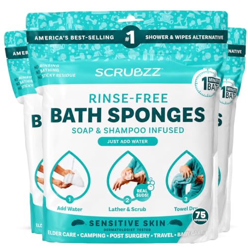 Image of Scrubzz Disposable No Rinse Bathing Wipes for Sensitive Skin - All-in-1 Single Use Shower Wipes, Simply Dampen, Lather, and Dry Without Shampoo or Rinsing (Sensitive Skin, 3-Pack)