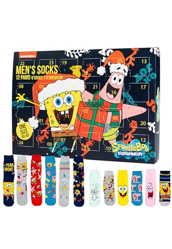 SpongeBob - Calendario de Adviento con 12 pares de calcetines, tamaño 40-45, calendario de Navidad para hombre, con zapatillas y calcetines largos