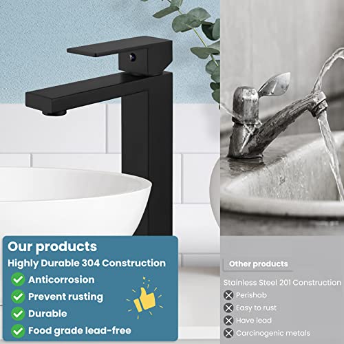 Matte Black Tall Vessel Sink Faucet For Sink 1 Hole Deck Mount Bathroom Stainless Steel 304 Bowl Basin Single Hole One Handle Spout Mixer Tap With Pop Up Drain #TOP5