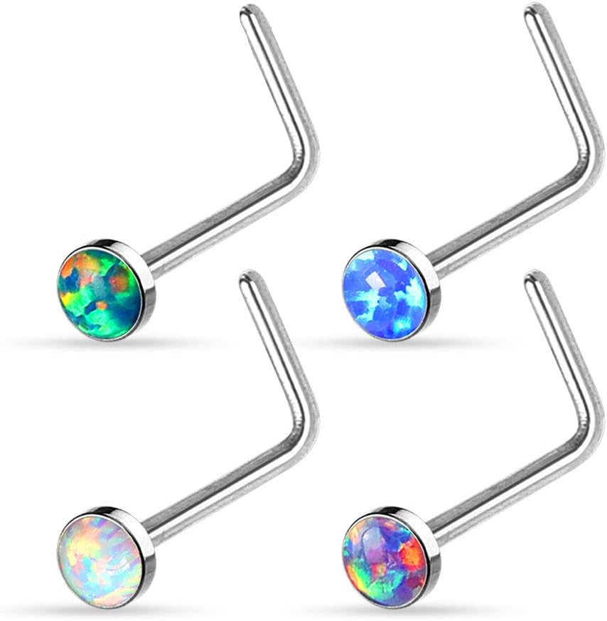 4 Pack of Opal Gem L Bend Nose Stud Ring Piercings Surgical Steel