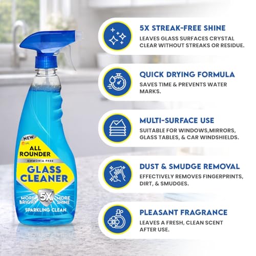 Image of All Rounder Glass & Multi-Surface Cleaner 500 ml | 5X Streak Free Shine | Anti Fog & Ammonia Free Formula | Quick Drying, Dust & Smudge Removal