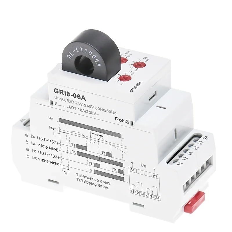 GRI8-06 DC Current Sensor Relay 18mm Width 2CO 8A AC/DC Testing 24V-240V Wide Range(GRI8-06B ACDCCurrent)