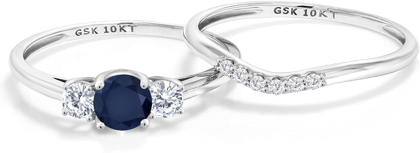 Gem Stone King 10K White Gold Blue Sapphire and White Lab Grown Diamond 3-Stone Bridal Engagement Wedding Ring Set For Women (0.84 Cttw, Gemstone September Birthstone, Round 5MM)