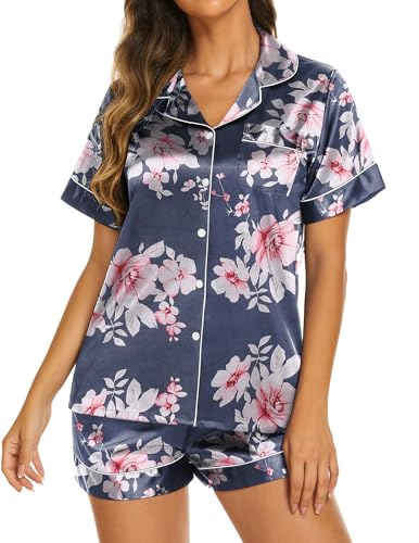 Image of Ekouaer Silk Pajamas for Women Short Sleeve Sleepwear Soft Button Down Loungewear 2 Piece Satin Pjs Shorts Set,Floral Navy Pink,XL