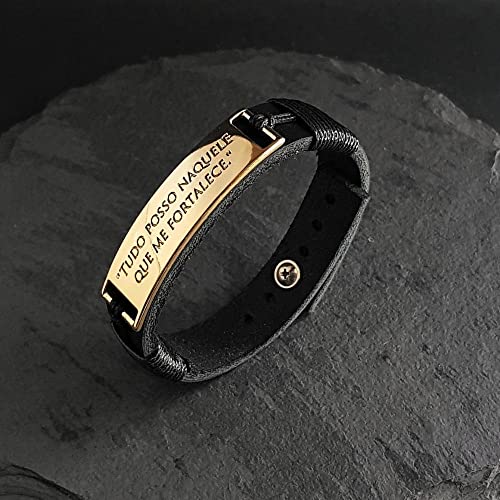 Pulseira Masculina De Couro Tudo Posso Dourado