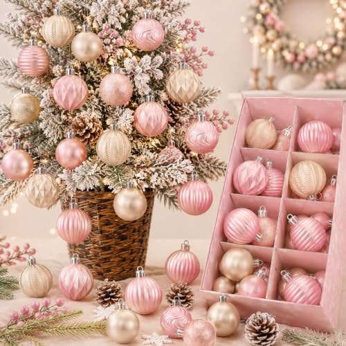 Image of Lunmon 64 Pcs Blush Pink Champagne Gold Christmas Ornaments Xmas Bulbs