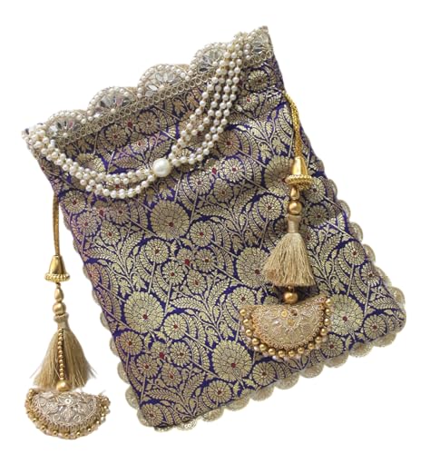Image of MILAN'S CREATION Pure Banarasi Potli Silk Brocade Bag Purse Drawstring Women's handbag with Pearl Handle & Tassel Weddings
