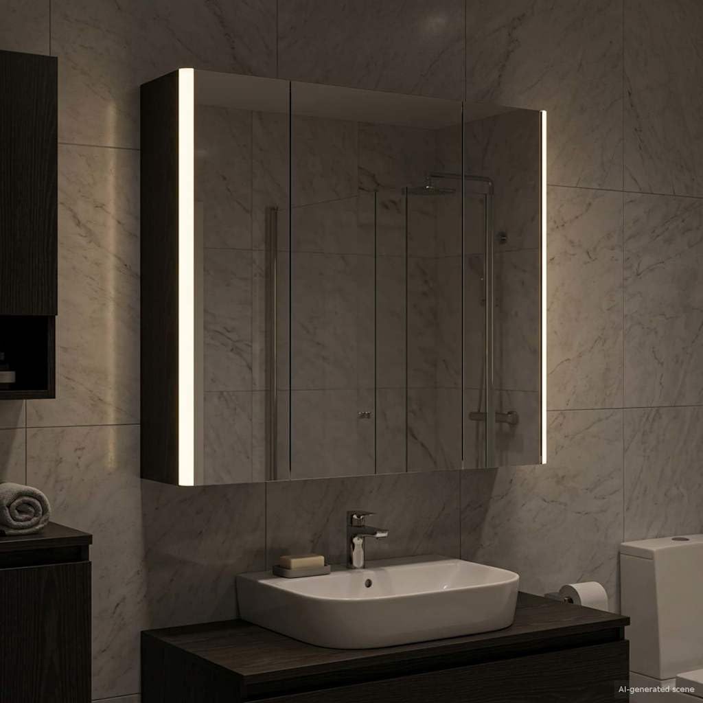 Szafka łazienkowa z lustrem w kolorze czarnym, imitacja dębu, materiał drewnopochodny, 63,5 x 15,5 x 60,5 cm, z oświetleniem LED, montaż na ścianie, regulowane półki, miejsce do