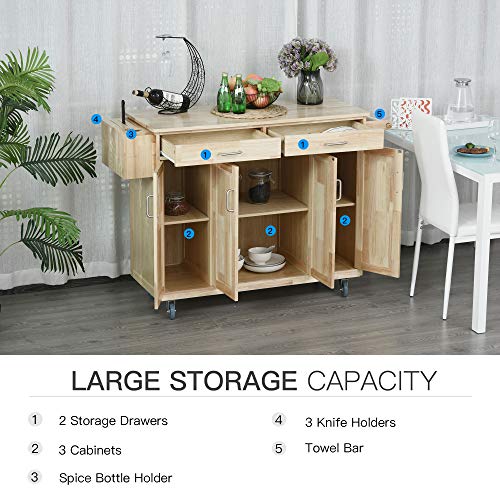 HOMCOM Wooden Rolling Kitchen Island Utility Storage Cart with Drawers, Door Cabinets, and Towel Rack for Dining Room