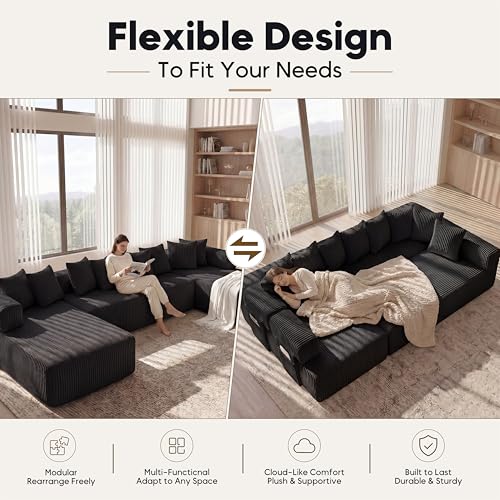 Image of Oversized Cloud Boneless Couch with Chaise, 146 inch Modern U Shape Modular Deep Seat Sectional Sofa, Comfy Corduroy Upholstered Couches for Living Room, No Assembly Required-Black