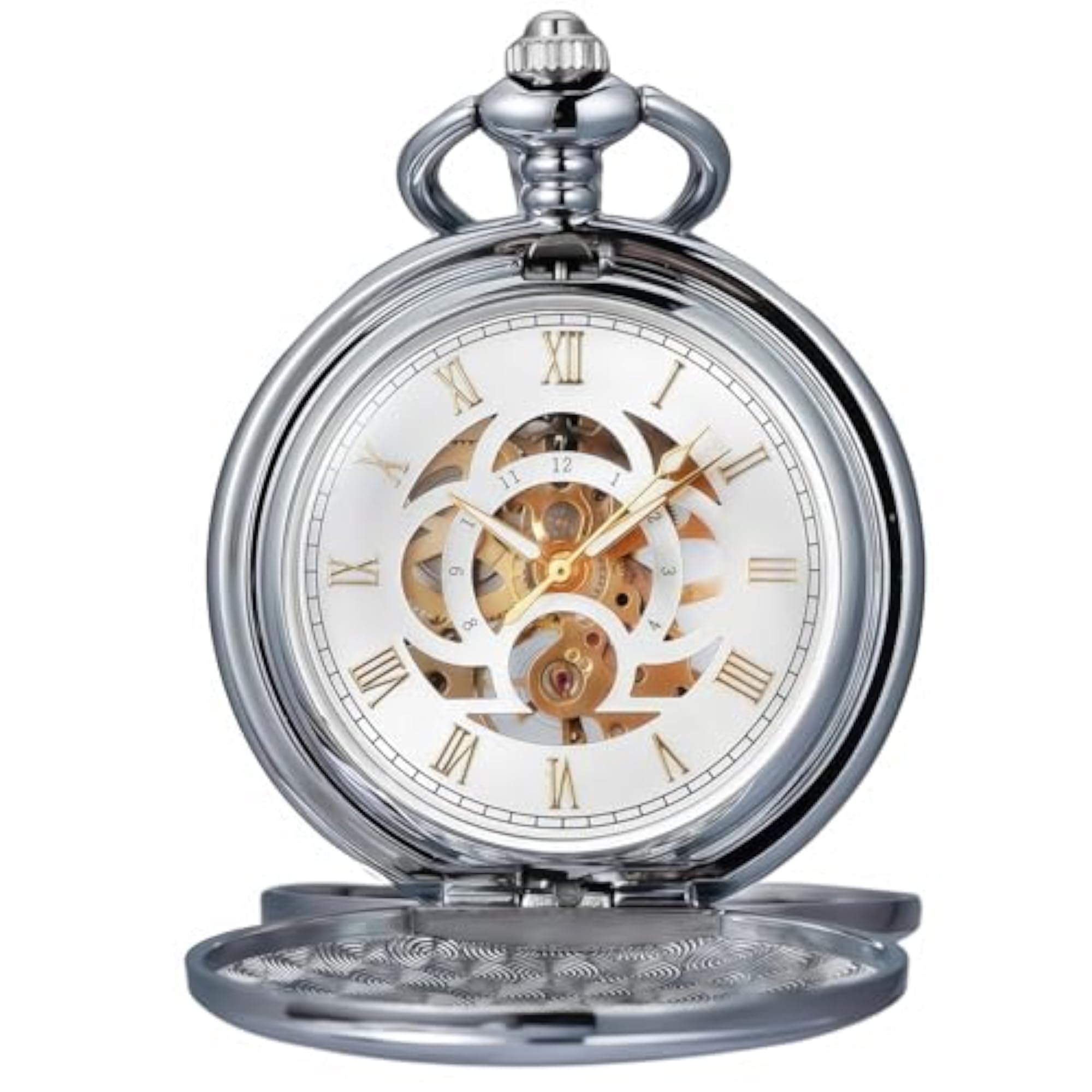 Retro Silver Mechanical Pocket Watch with Chain, Gift for Him