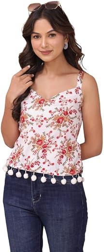 ANNU PARIDHAN Women's Rayon Floral Print Sleeveless Regular Fit V Neck Crop Top for Women &amp; Girl