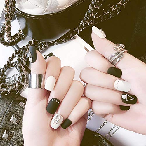 Fstrend Fake Nails Matte Black White Rivet Bead Square Full Cover Acrylic False Nails Punk Fashion Party Clip on Nails for Women and Girls