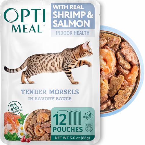 Image of Optimeal Grain-Free Wet Cat Food Pouches - Shrimp & Salmon in Savory Gravy, High Protein & Moisture-Rich Tender Morsels, Indoor Adult Cat Food Wet with Natural European Ingredients, 3 oz (Pack of 12)
