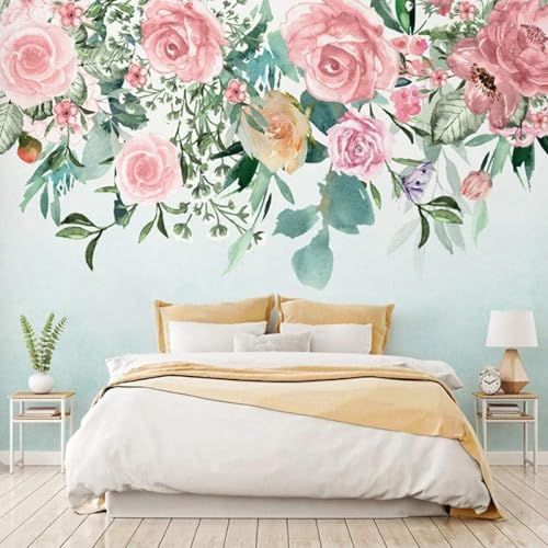 XLMING Dibujado A Mano Plantas Hojas Verdes Flores Rosas 3D Papel Pintado Lujo Casa Sala Decoración Estar Comedor Sofá Dormitorio TV Fondo de Pared-430cm×300cm