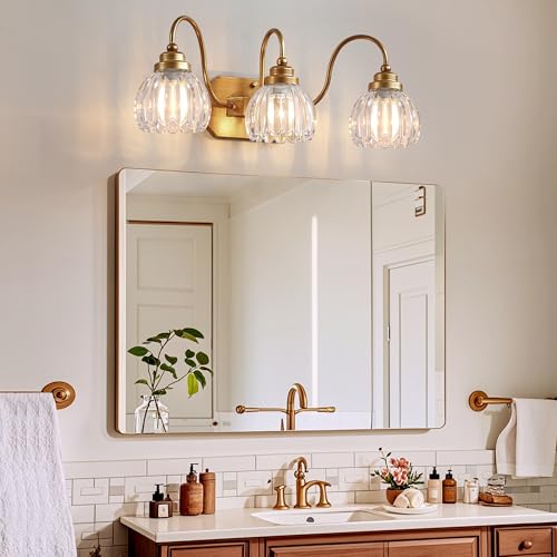 Image of Vintage Gold Bathroom Light Fixtures, 3 Light Clear Tulip Crystal | Brushed Gold Vanity Lights,Matte Antique Brass Finish, Mid Century Style,Wall Sconces for Bedroom,Hallway, Easy to Install